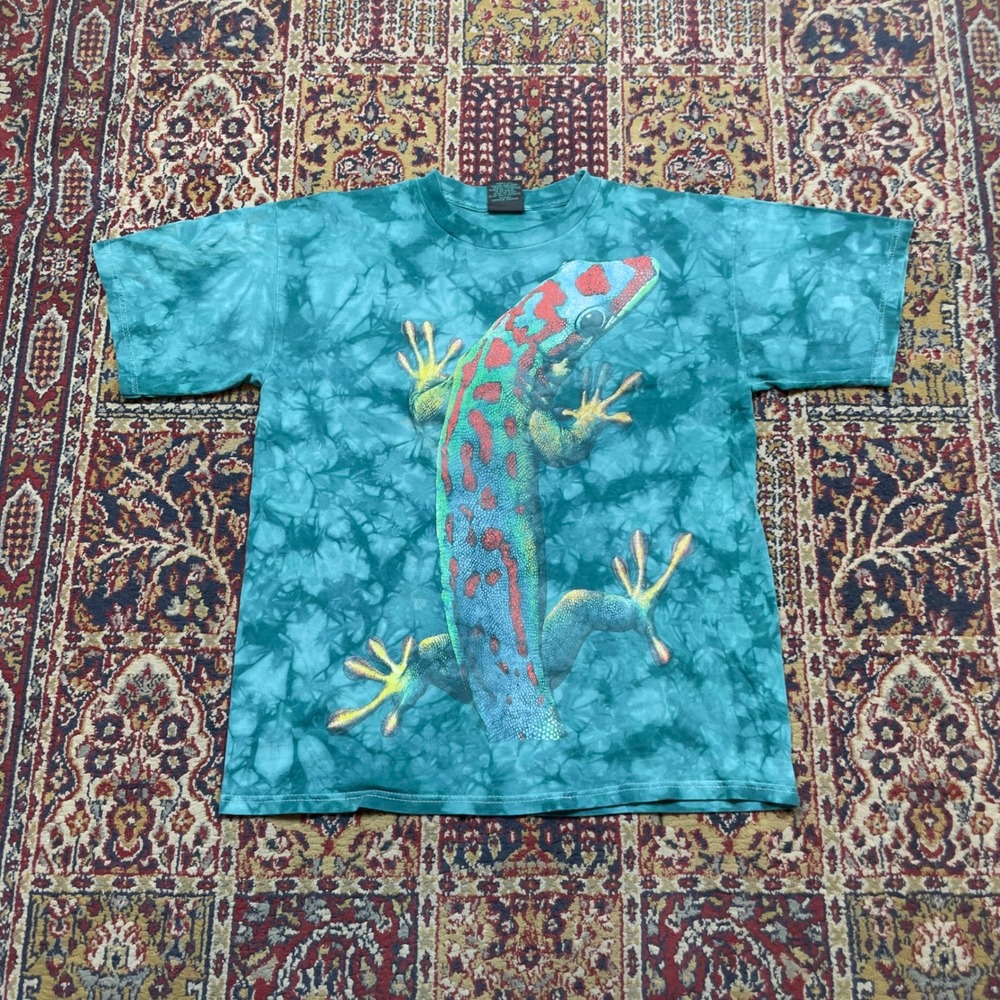 VTG 1996 Habitat Gecko Tie Dye TShirt Men Large Teal Made in USA AOP Wrap Around